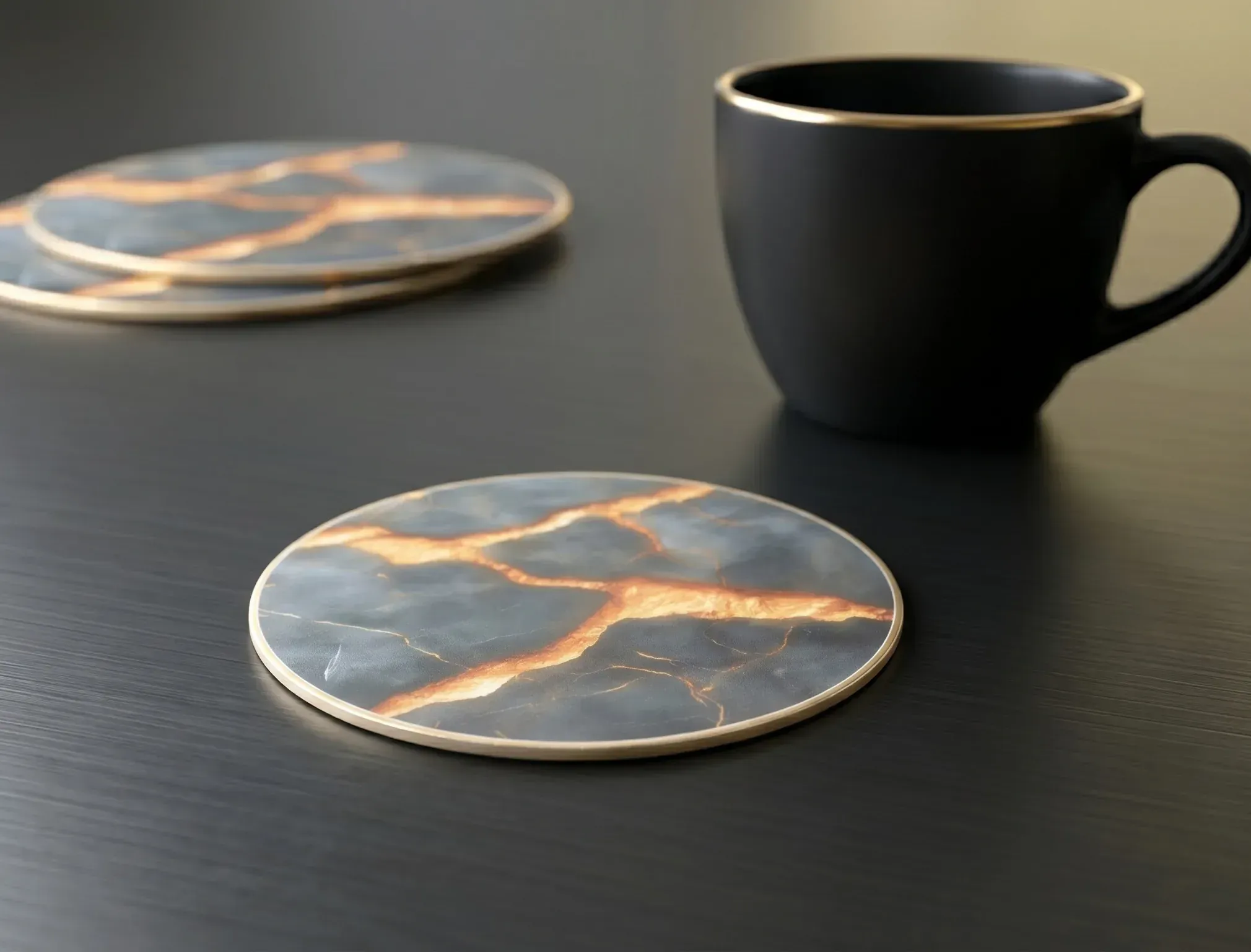 black marble and gold PCB coaster styled on a desk beside a cup
